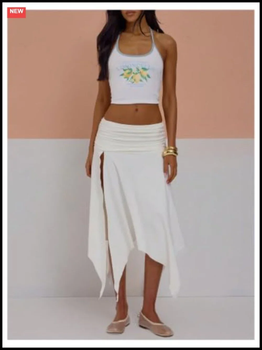 Asymmetrical Drop Waist Midi Skirt High Slit Ruched Foldover Flowy Summer